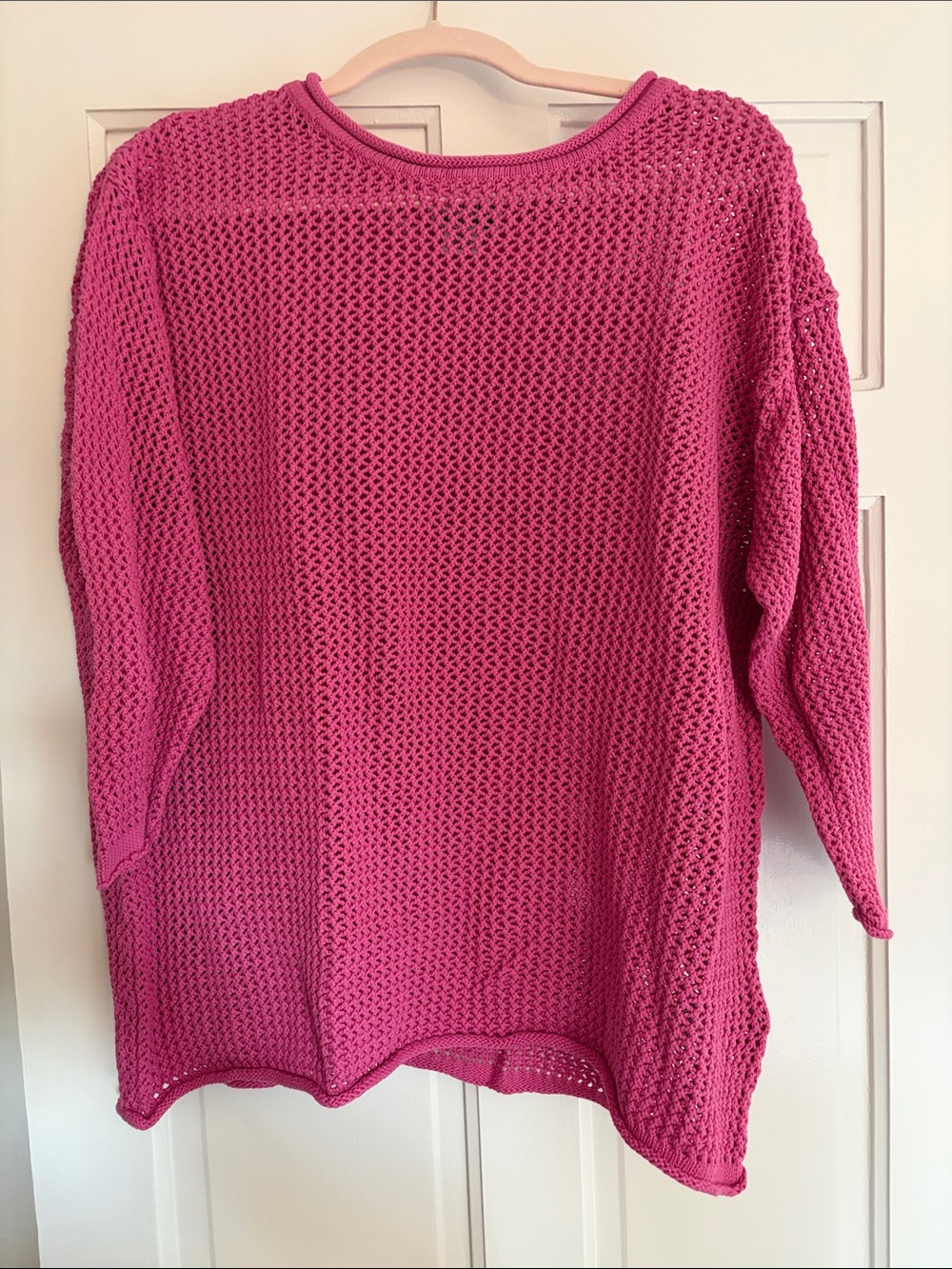 Jones Studio Open-Knit Crew Sweater in Hot Pink